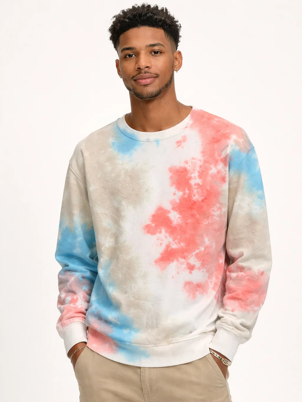 Beige Blue and Pink Tie-Dye Printed Sweatshirt