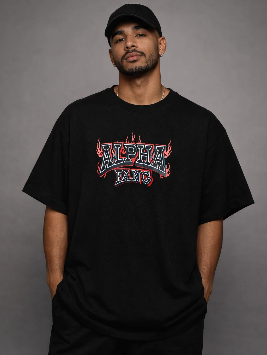 Alpha Fang Fire Black Oversize Typography T-shirt